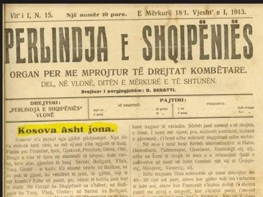 Ndër shkrimet e para të gazetës shqiptare në fillimet e pavarësisë: “Kosova asht jona”