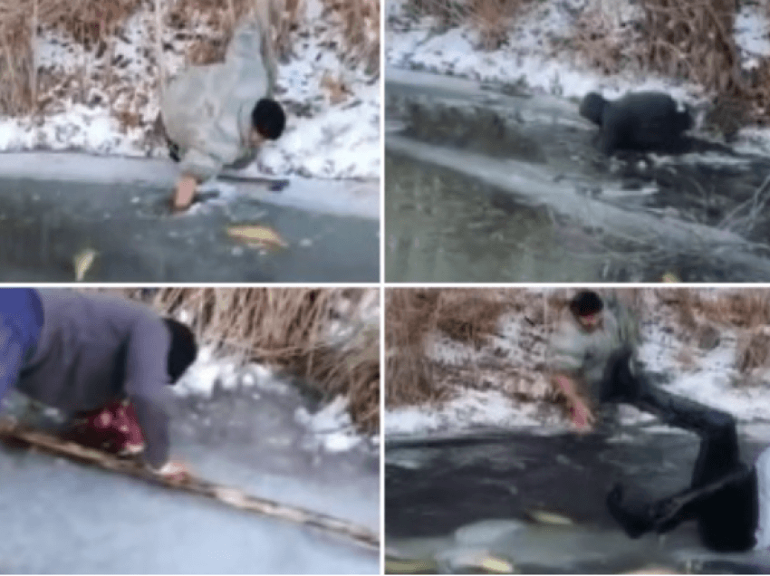 Ngrin lumi, banorët vrapojnë të kapin peshqit e ngecur në akull