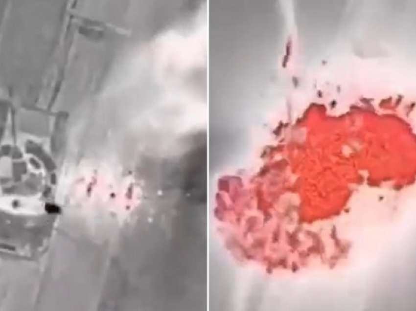 Momenti kur droni ukrainas shkatërron tankun rus të tipit T-80BVM, shpërthen në flakë e tym i dendur ngrihet lartë