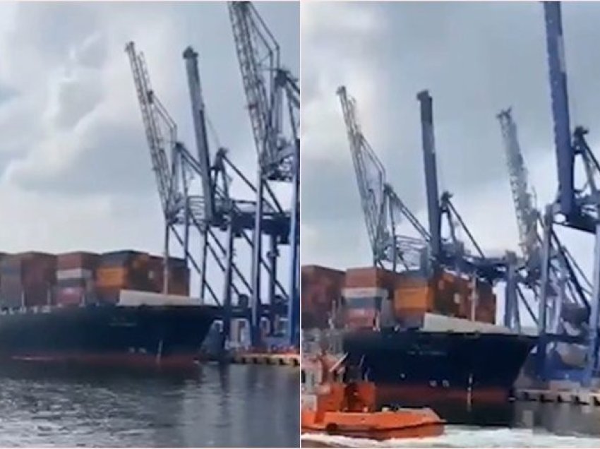 Momente tmerri në një port: Anija gjigante përplaset me tre vinça, i rrëzon një nga një