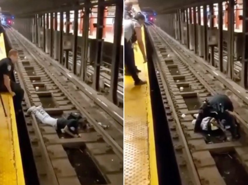 Burri rrëzohet pa ndenja mbi shina ndërsa treni ishte duke u afruar, oficeri kërcen mbi binarë për ta shpëtuar
