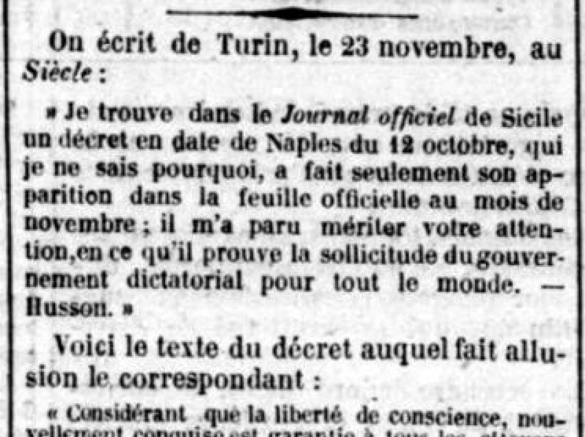 Gazeta franceze (1860) / Dekreti i firmosur nga Giuseppe Garibaldi dhe Francesco Crispi u lejon shqiptarëve të Italisë të praktikojnë fenë e tyre