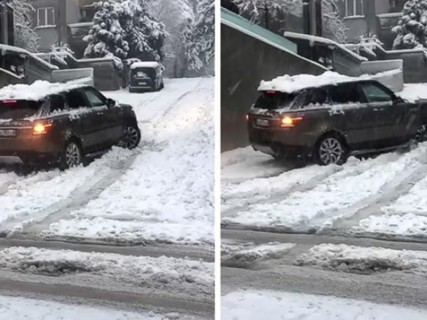 Range Rover luksoz me gomat e dimrit nuk mund të ngjitet përpjetë në rrugën me borë
