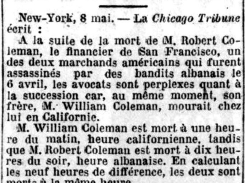Chicago Tribune (1924) / Vdekja e mistershme e dy vëllezërve amerikanë Coleman, njëri në Kaliforni dhe tjetri në Shqipëri