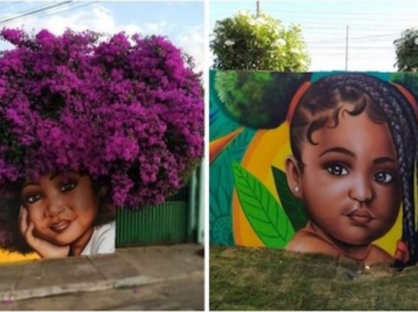 Artisti krijon portrete në mure duke përdorur degët dhe shkurret si “flokë”