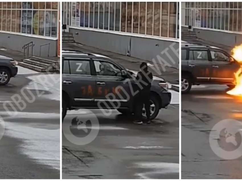 Veturës me simbolin famëkeq rus “Z” i vihet flaka në Donetsk, kamerat e sigurisë kapin momentin