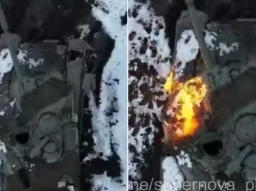 Tanku i shtrenjtë rus merr flakë në pak sekonda, moment kur Ukraina hodhi predhë me dron