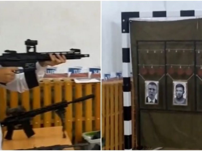 Fëmijët rusë ushtrojnë në gjuajtje me armë duke qëlluar fotot e Zelenskyt, Bidenit dhe Stoltenbergut