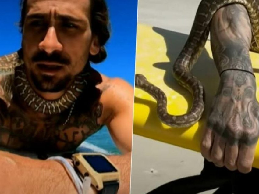 Australiani gjobitet për ‘sërf’ me kafshën e tij, i trembi të gjithë në plazh kur u shfaq me piton