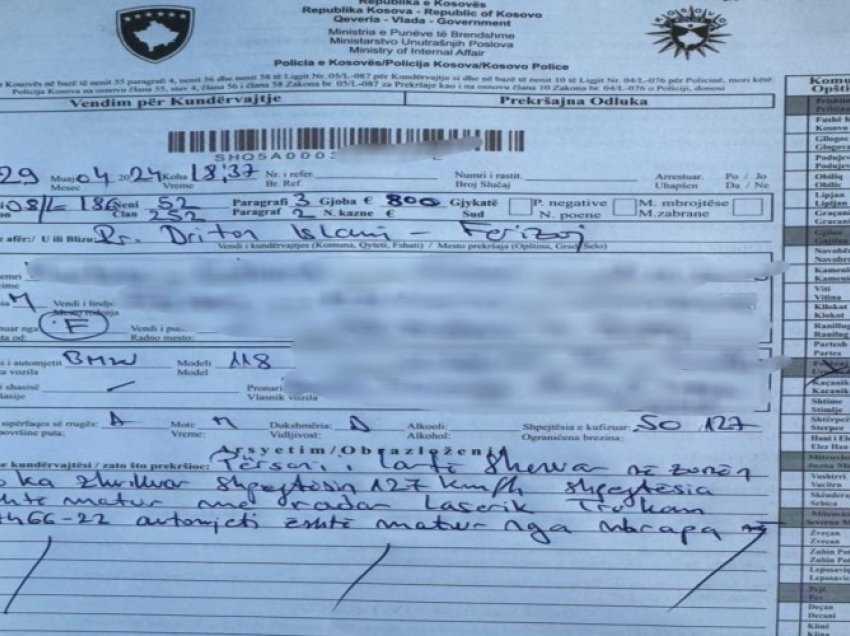Gjobë 800 euro ndaj shoferit në Ferizaj, voziti në zonë urbane 127 klm/h